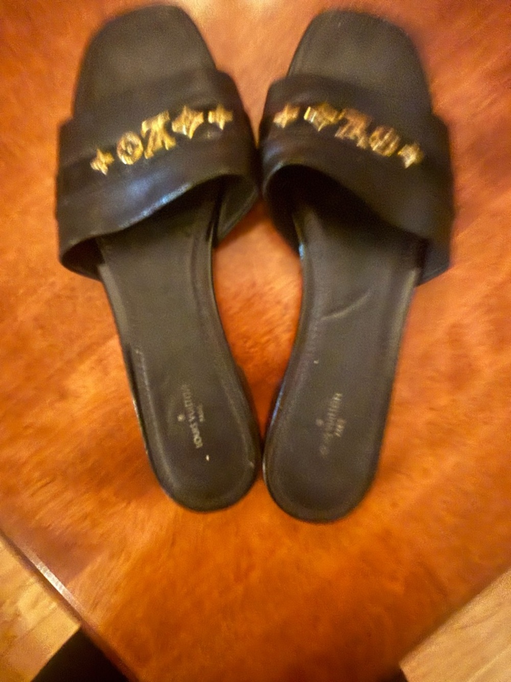 Black Slide Sandals with Gold Accent - Women